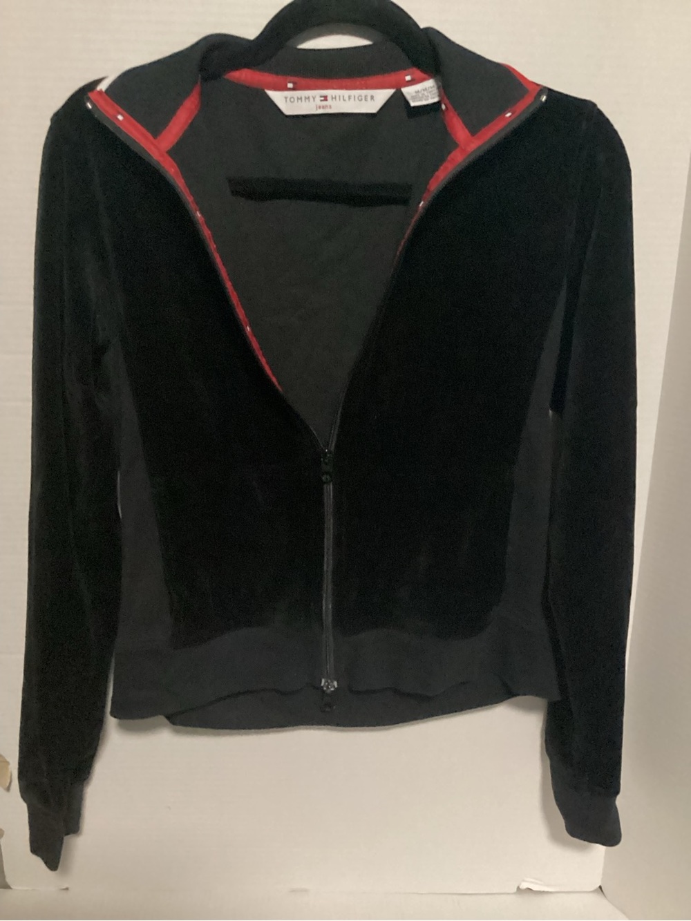 Tommy Hilfiger Vintage Black Velour Bomber Jacket with Red Trim Accents Size M